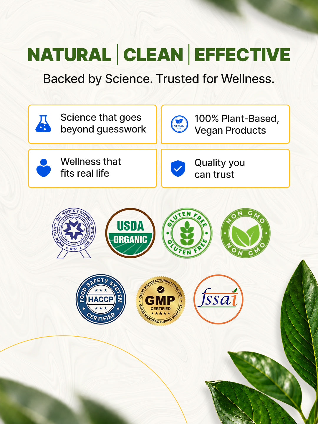 Promotional graphic for a plant-based wellness product with the headline 'NATURAL | CLEAN | EFFECTIVE' and supporting text about being backed by science and trusted for wellness. The design includes four benefit boxes, a row of certification and organic seals, and decorative green leaves on a light textured background.